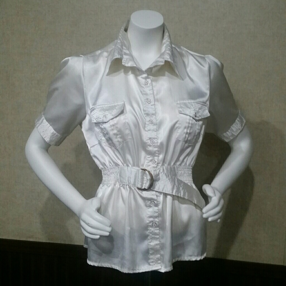 White Silk Button Belted Top by MaxRave Size L